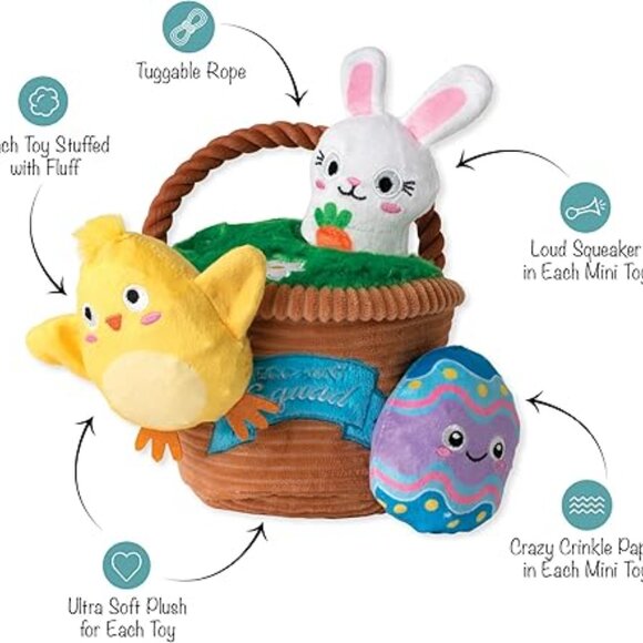 Hide & Seek Easter Basket Plush Dog Toy Small to Medium Squeaker Crinkle - Picture 7 of 8